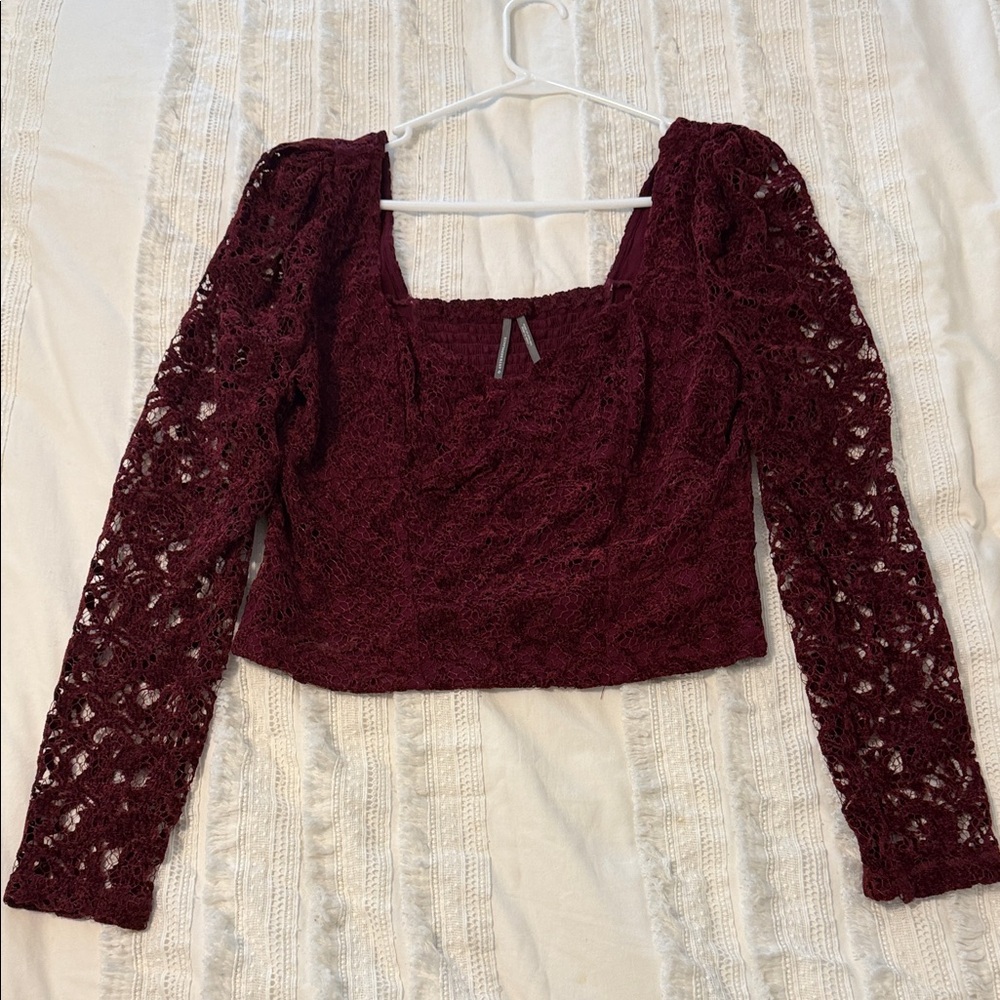 Anthropologie Burgundy Lace Long-Sleeve Square-Neck Top